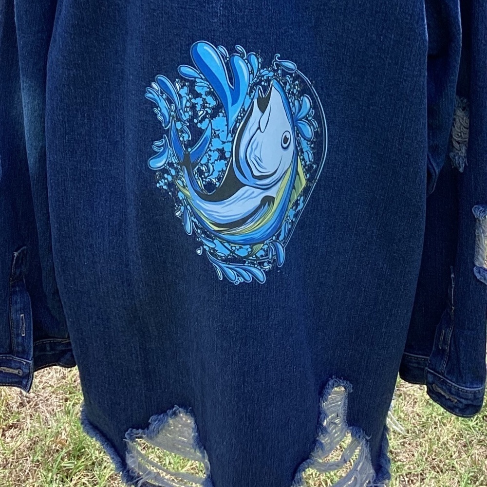 EMBELLISH TUNA FISH  DISTRESSED DENIM JACKET ( Size: XXL)